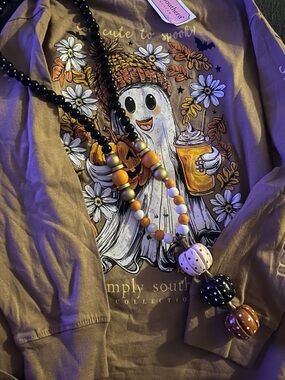 Simply Southern Too Cute Ghost Fall Halloween Pumpkin Shirt Necklace Kids Small